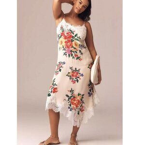 Anthropologie Lace Slip Midi Dress LARGE Ivory Floral Sleeveless $178